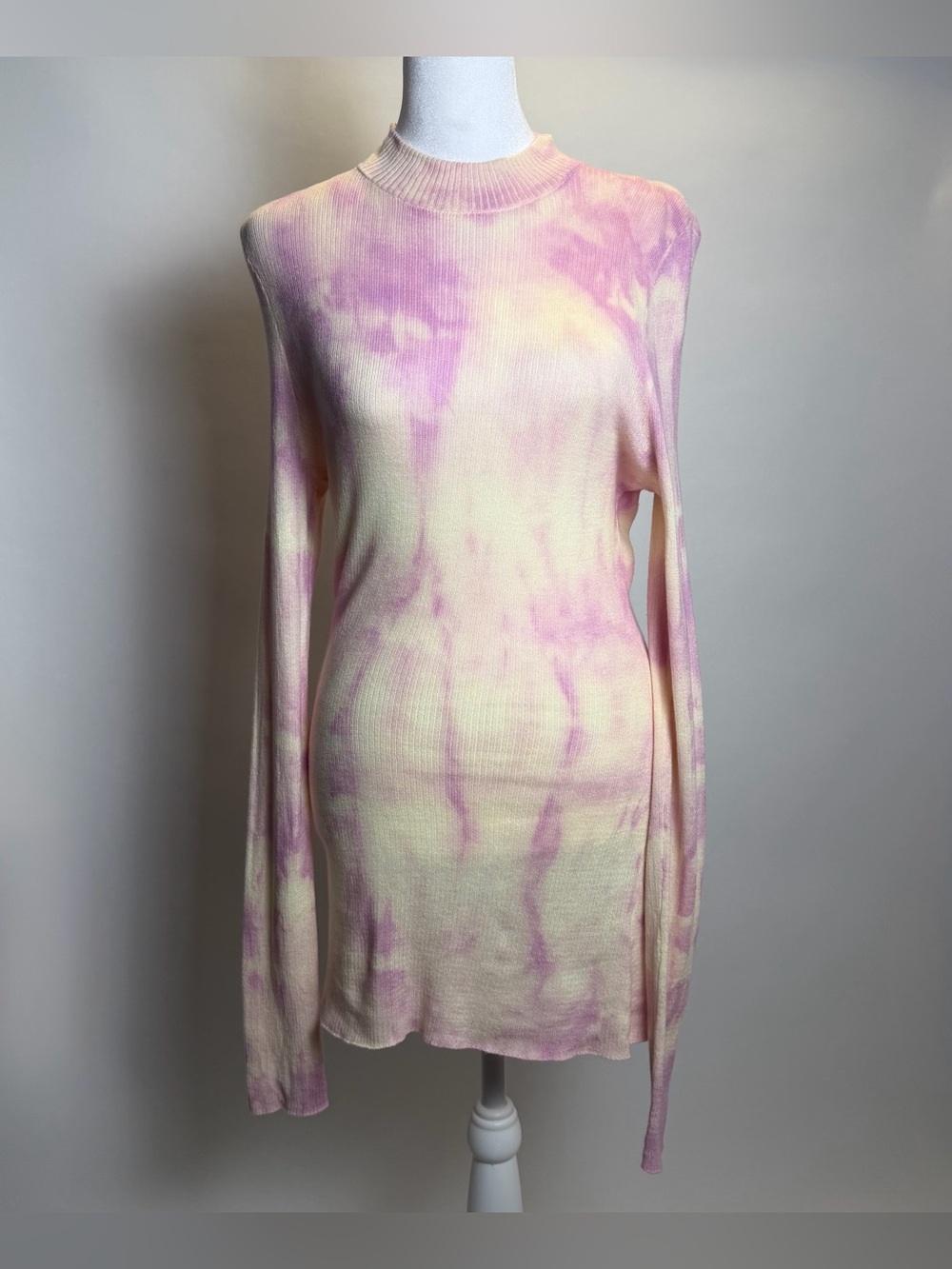 Something Navy Pastel Tie-Dye Mock Neck 100% Cotton Tunic Sweater - Pink & Cream